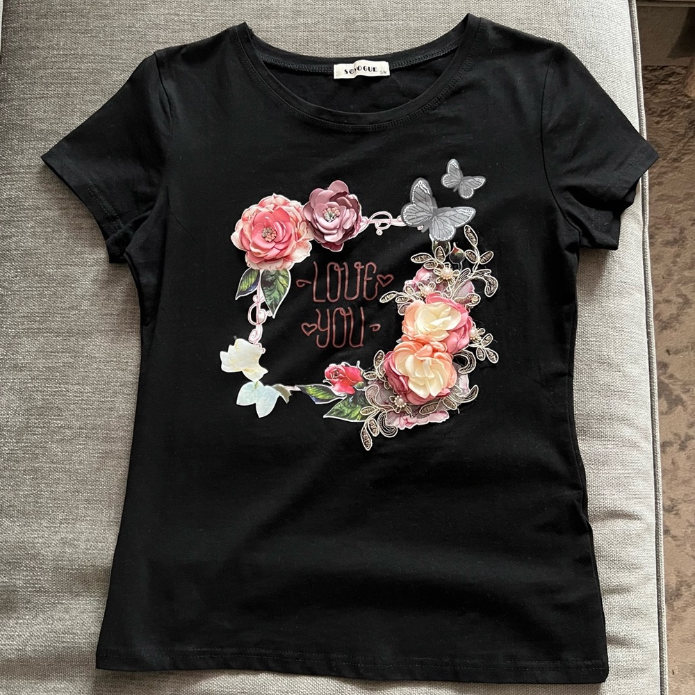 black women's t-shirt with a floral application"LOVE YOU".